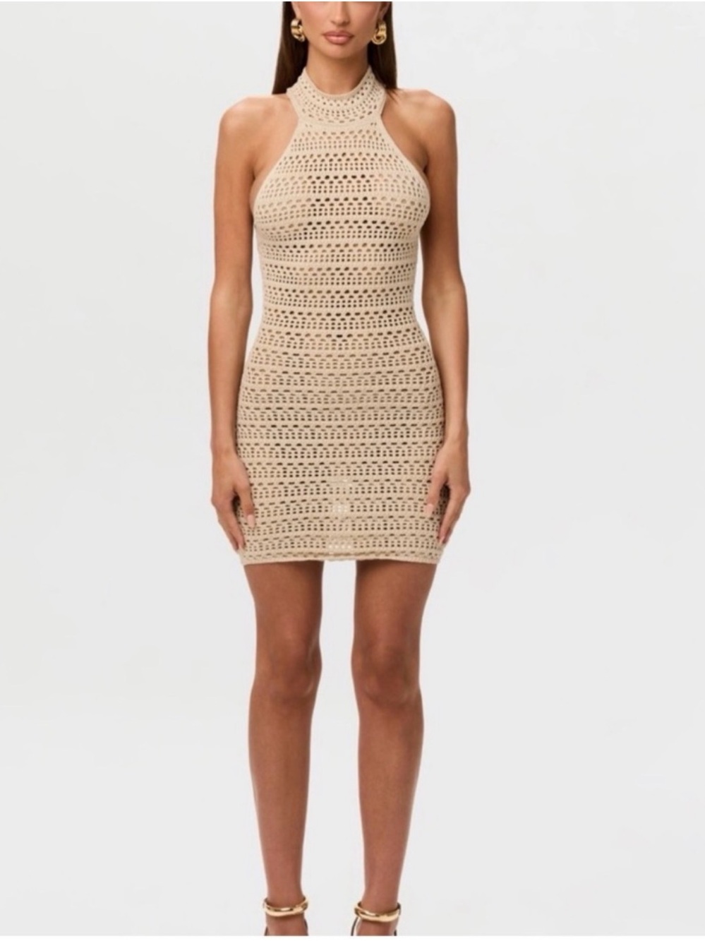 naked wardrobe - Beige Crochet Halter Mini Dress